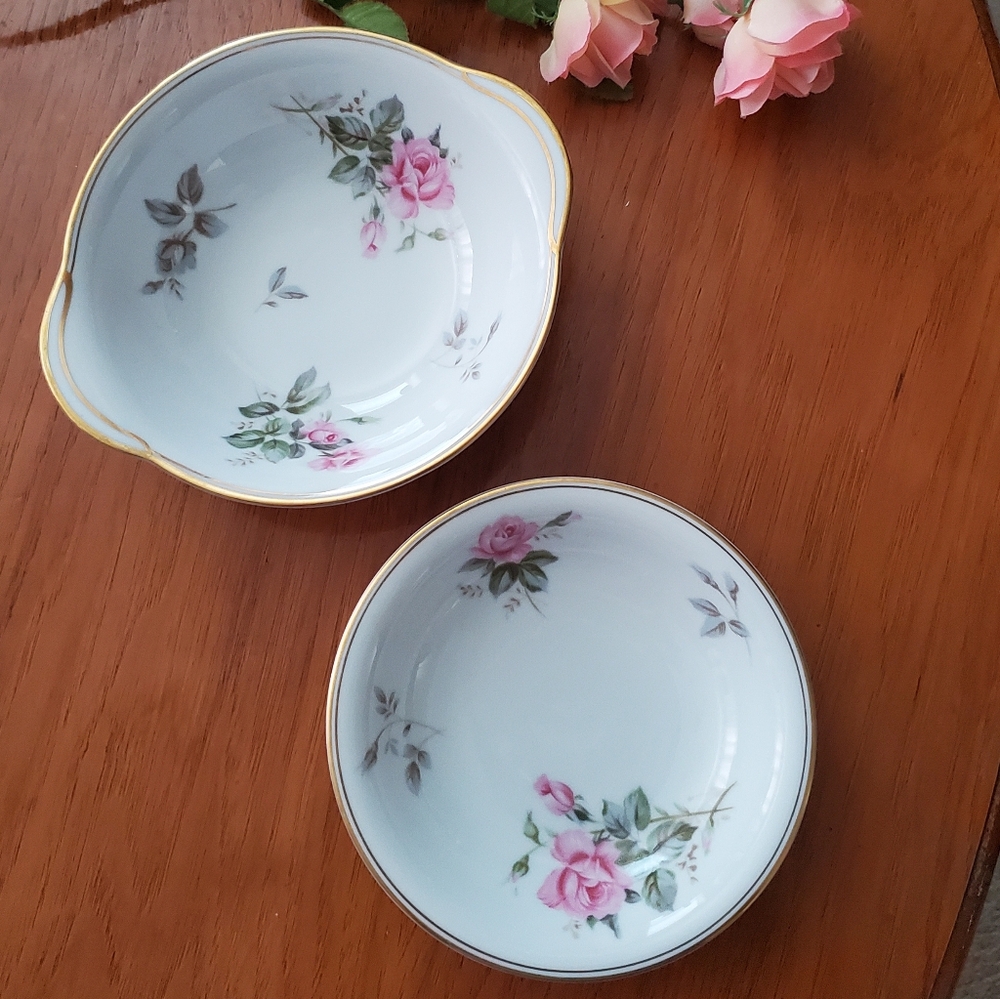 Noritake Vintage Pink Floral Bowls with Gold Trim Accents, Set Of 2